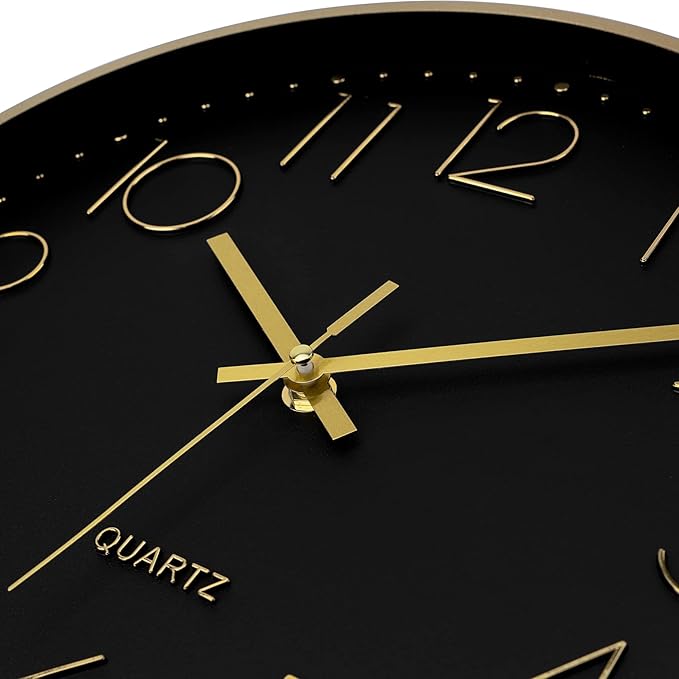 Foxtop Black Gold Wall Clock 12 Inch Silent Non-Ticking Battery Operated Round Quartz Modern Wall Clock for Living Room Kitchen Bedroom Home Office School Decor