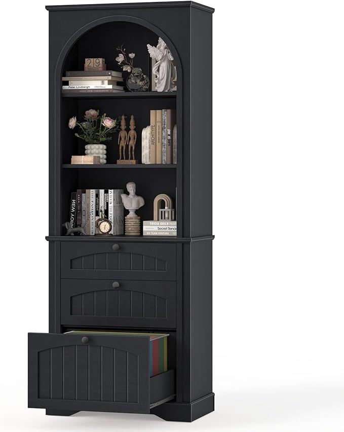 Farmhouse File Cabinet Fits Letter/Legal/A4 Size Hanging File Folders, 3-Tier Floor Standing Bookcase with File Drawer and Open Shelf, Wood Filing Cabinet Printer Stand for Home Office, Black
