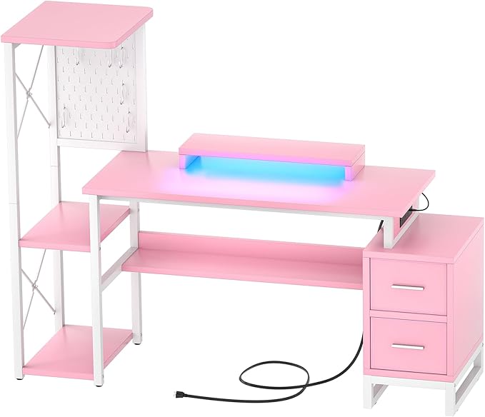 Computer Desk with 2 Fabric Drawers - Reversible Home Office Desk with Power Outlet & LED Lights, 53" Writing Desk with Monitor Stand & Storage Shelves, Gaming Desk Study Table with Pegboard, Pink