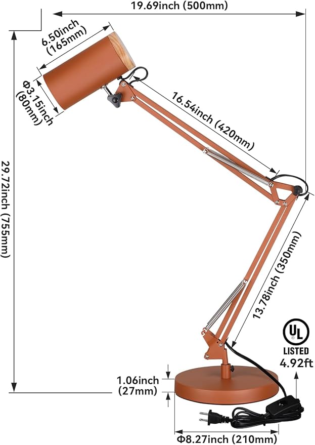 TORCHSTAR Tall Swing Arm Desk Lamp with Wooden Accent, Adjustable Large Size Max Height 31", E26 Base Metal Task Lamp, Office Desktop Lamp with On/Off Switch, for Reading, Study, Workbench, Orange