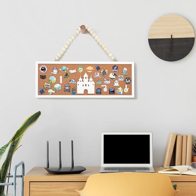 BENECREAT Rectangle Castle Pin Board Cork Board, 15x5 Inch Bulletin Display Board, Wall Mounted Cork Board for Brooch Pin Collection Display Office Home Bedrooms (White)