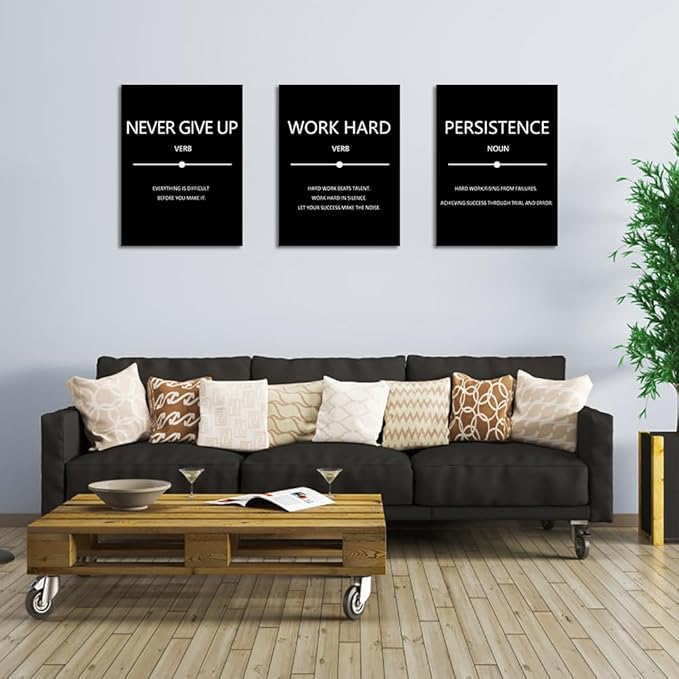 Unbruvo Inspirational Canvas Wall Art, Motivational Office Wall Decor, 3 Pieces Black Never Give Up Positive Quotes Wall Art for Workplace Living Room Bedroom(48''Wx 24''H)