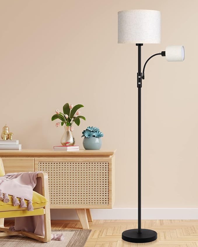 Floor Lamps for Living Room, Modern Floor Lamp with Reading Lamp, 62" Tall Standing Lamp, Beige Lampshades, Simple Pole Lamps for Bedroom/Office/Kids Room/Den(Bulbs Not Including, E26/E12 Base)