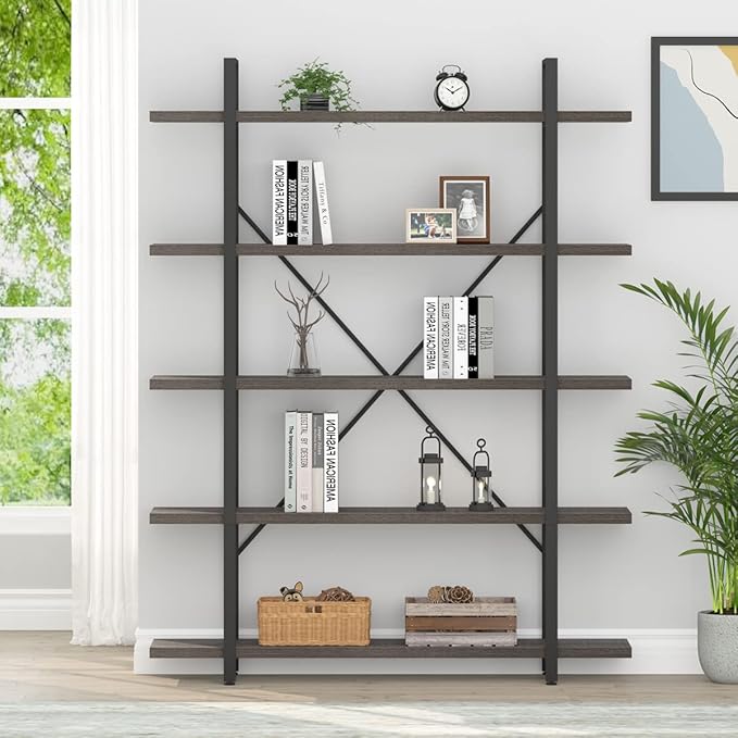HSH 5 Shelf Bookcases and Book Shelves,Industrial Modern 5 Tier Tall Bookshelf, Rustic Wood and Metal Large Book Shelf for Bedroom Living Room,Vintage Open Wide Vertical Etagere Book Case, Dark Gray