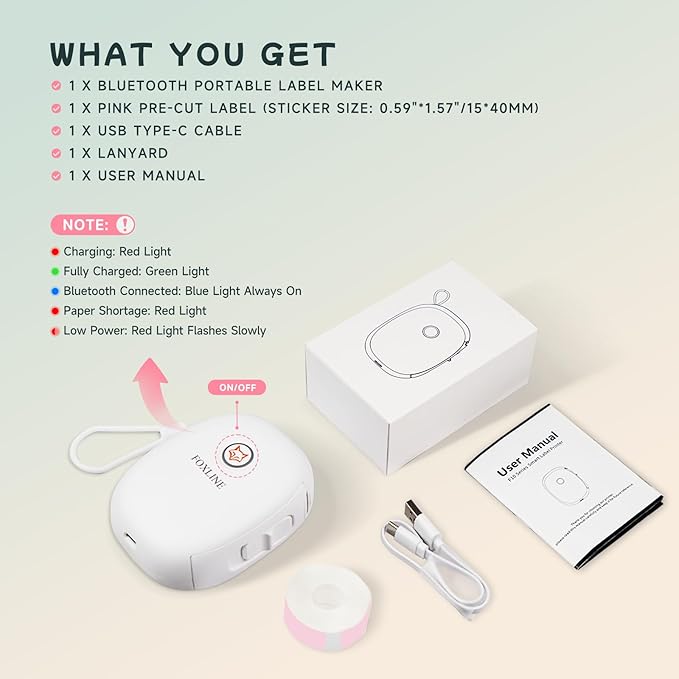 FOXLINE F10 Label Maker Machine with Pink Tape, Portable Bluetooth Thermal Mini Label Printer, Rechargeable Sticker Maker, Inkless Labeler for Home, School, Kitchen, Office Organization, White
