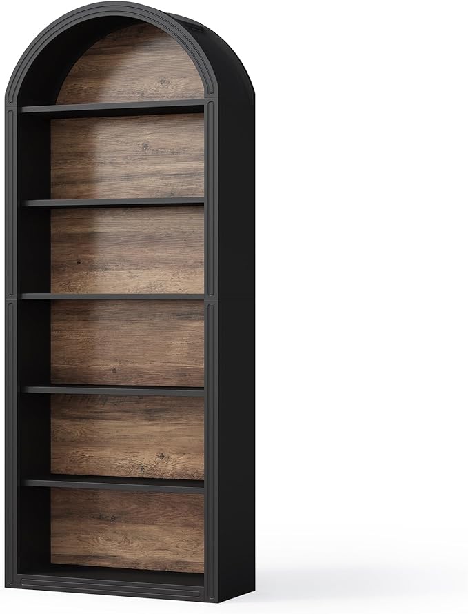 LITTLE TREE 6-Tier Bookcase, 77" Tall Bookshelf with Arched Top, Large Freestanding Wooden Open Bookcase Bookshelf, Modern Display Book Shelf for Living Room, Bedroom, Office, Library, Black Brown