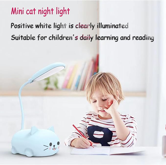 LED Desk Lamp for Kids, Cute Cat Lamp USB Rechargeable Reading Light,Portable LED Table Light, Flexible Gooseneck Eye-Care Cartoons Small Desk Lamp Girls Gifts (Green)