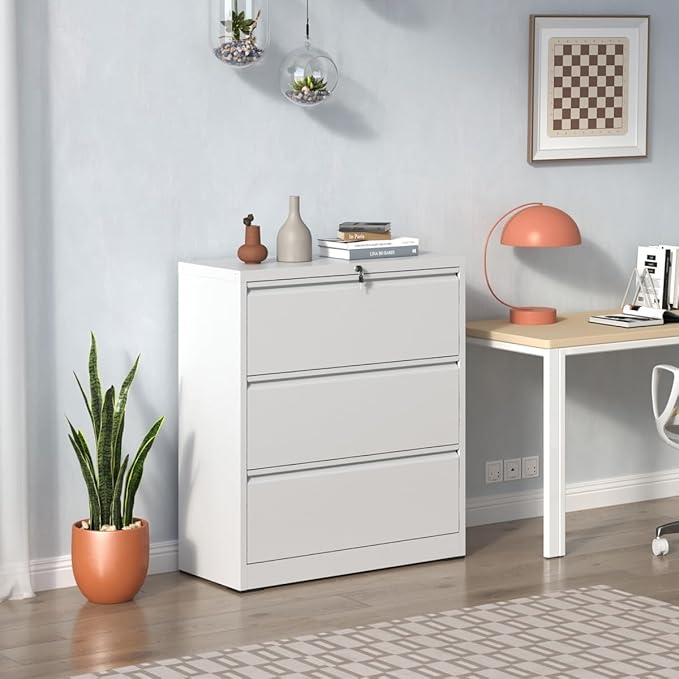 3 Drawer Lateral File Cabinet with Lock for Home Office Metal Filing Cabinet with Adjustable Hanging Rails Horizontal Filing Organization Storage Cabinet for Letter/Legal/A4/F4 Size White