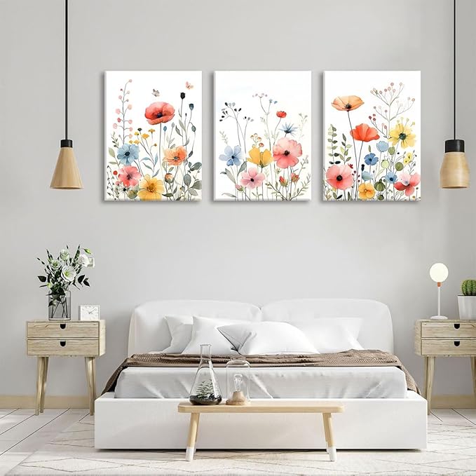 KISSFOX Framed Colorful Wildflower Canvas Wall Art Set Of 3 Flowers Pictures Prints Flowers Printing Floral Watercolors Flower wall Decor Living Room Girls Bedroom Bathroom