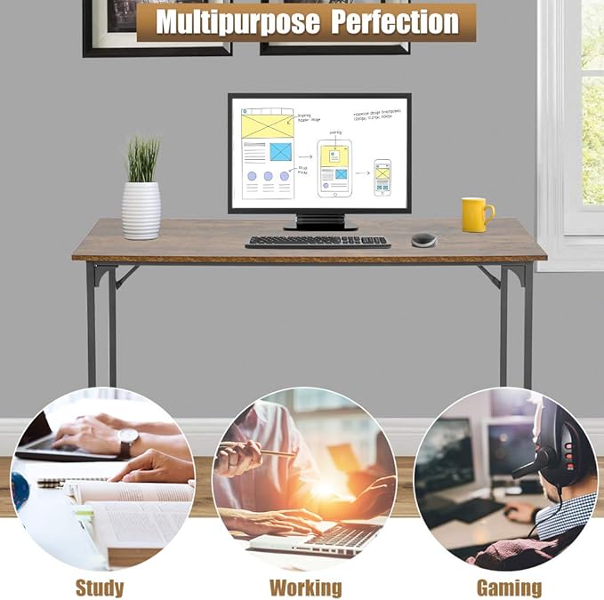 FDW Computer Desk Home Office Desk 47”W x 19”D Gaming Desk Corner Writing Black Large Student Art Modren Simple Style PC Wood and Metal Desk Workstation for Small Space,Vintage