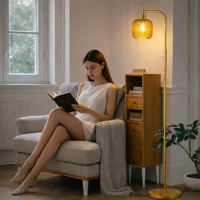 Glass Floor Lamp for Living Room, Dimmer Standing Lamp with Green Ribbed Lampshade,66” Tall Lamp & Gold Floor Lamp for Bedroom Study Room,Brushed Gold (Drum Amber Glass Shade)