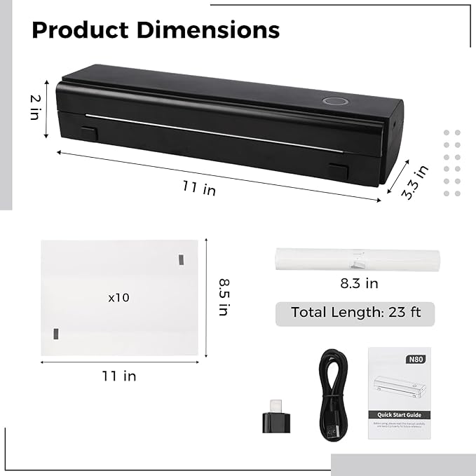 Travel Thermal Printer, Inkless Mobile for A4 Us Letter, Bt/USB, 11X3.3X2 in, Smartphone Tablet Pc, Office/Home