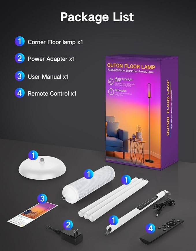 OUTON Corner Floor Lamp with Remote, Touch & App Control, RGB Color Changing Standing Lamp with 32 Modes, 360 Lighting, 3 Color Temperatures, Dimmable 66 in Tall Lamp for Living Room,White & Metal