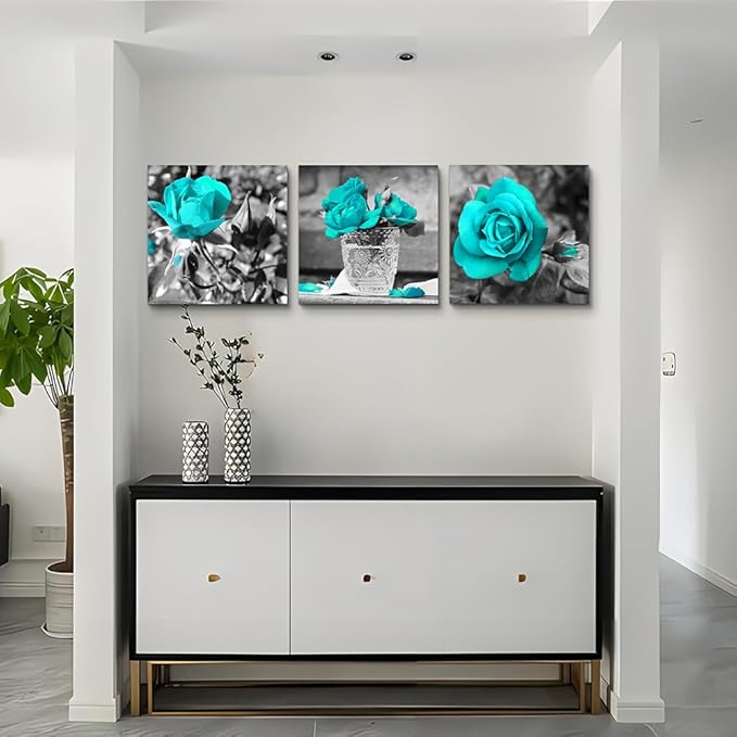 wall art for living room Black and white rose flowers Blue Big Canvas Prints Wall Decor Artwork 24" x 24" 3 Pieces Framed Watercolor Giclee with Black Border Ready to Hang for bedroom Home Decoration