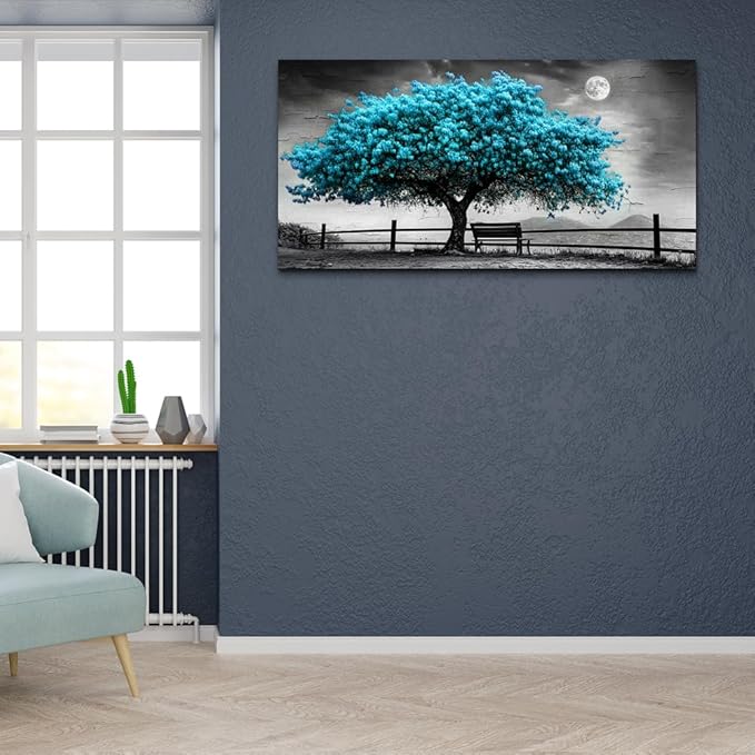 KELIYUAN Wall Art Black White Grey Background Home Decor Blue Tree Of Life Canvas Wall Painting Living Room Decor Office Bedroom Bathroom Corridor Decor Artwork, Can Be Hung Directly 24x48 Inches