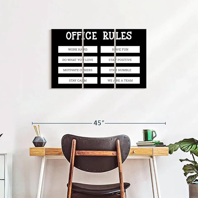 Elephant Stock - Office Rules Wall Art - Horizontal Multi Panel Canvas - 3 Piece Home Office Wall Decor - Digital Art Motivational Typography Multi Piece Wall Art - Black And White Decor by Cad Designs - 33" x 20"