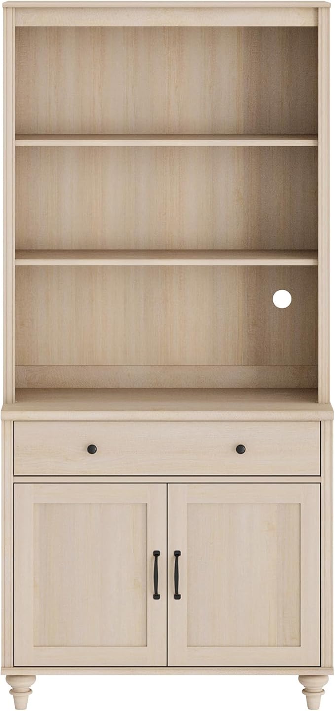 WAMPAT 5 Tier Bookshelf 72" Tall Bookcase with Doors & Drawer,Large Farmhouse Display Book Shelf with Storage Cabinet,Library Wood Bookshelves for Living Room,Kitchen, Light Oak