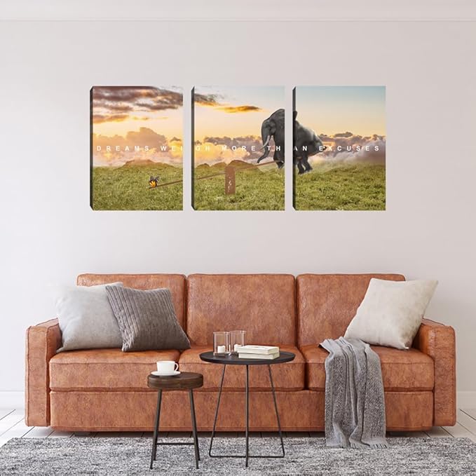 Motivational Canvas Wall Art Inspirational Quotes Poster Modern 3 Pieces Entrepreneur Office Wall Decoration Elephant Painting Decor for Bedroom Stretched and Framed Ready to Hang (36''Wx 16''H)