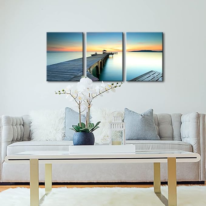 Wieco Art 3 Piece Seascape Canvas Prints Wall Art Sunset Ocean Beach Pictures Paintings for Kitchen Bedroom Home Wall Decorations Bridges over the Sea Modern Stretched and Framed Giclee Artwork