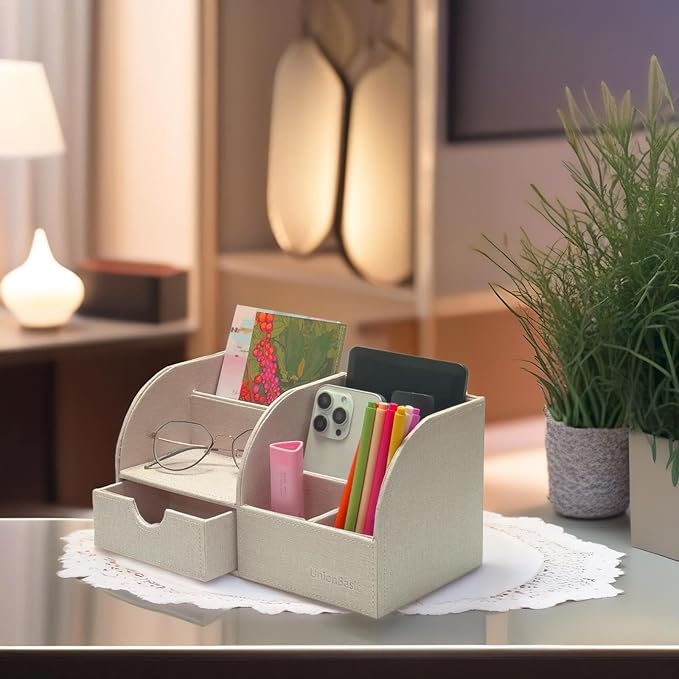 UnionBasic Desk Organizer - Multifunctional Leather Desktop Pen Holder Storage Box - Business Card/Pen/Pencil/Mobile Phone/Stationery Holder, Beige