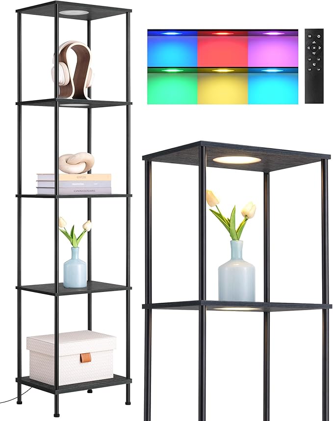 EDISHINE RGBW Modern Floor Lamp, 5-Tier Display Shelf with Light, Adjustable Brightness & Color Temperature, 3 Lighting Modes, Remote Control, Stable Floor Lamps for Living Room, Bedroom, Study, Black