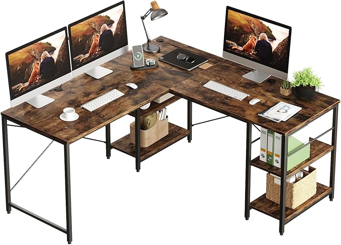 Bestier L Shaped Desk, 95.2 Inch Reversible Corner Computer Desk with Shelves, 2 Person Long Table for Home Office, Large Writing Storage Workstation with 3 Cable Holes, Rustic Brown