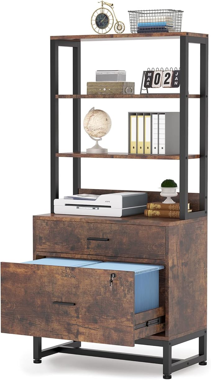 Tribesigns 2 Drawer Lateral File Cabinet with Lock, Letter Size Large Modern Filing Cabinet Printer Stand with Open Storage Shelves for Home Office, Dark Brown
