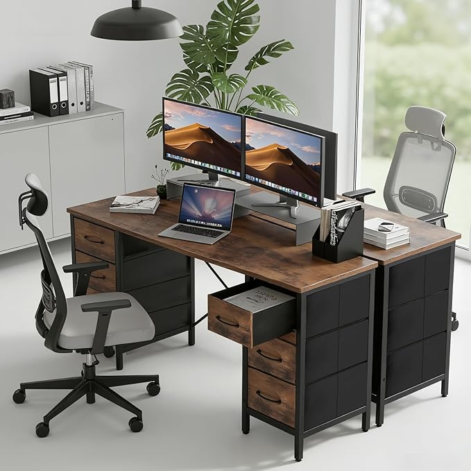 Sweetcrispy Desk with 8 Fabric Storage Drawers, Computer Office 47 Inch Gaming Writing Study Table with X-Shaped Reinforced Structure for Home Office Bedroom PC Desk, Brown