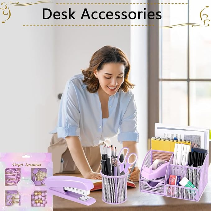 Office Supplies,Desk Accessories,Stapler and Tape Dispenser Set,1000 Staples,Staple Remover,Pen Holder,Folding Phone Holder,Journal Notebook,Ballpoint Pen,Scissor,Ruler,Clear Tape,Sticky Notes,Ect