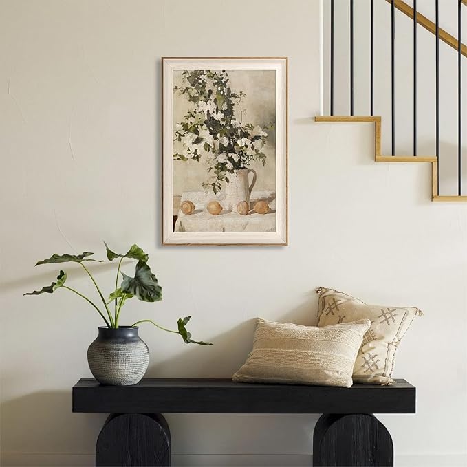 ASTRDECOR Framed Vintage Wall Art, Farmhouse Wall Decor White Flowers Canvas Oil Painting, Vintage Kitchen Decor Floral Wall Art Lemon Botanical North Art Prints for Kitchen Bedroom - 16''x 24''
