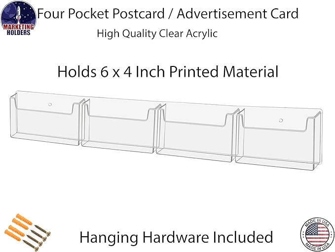 Marketing Holders Postcard Holder 4 Pocket Clear Acrylic Wall Rack with Hanging Hardware Holds 6" x 4" Printed Material Recipe Index Cards Mail Bin Recipe Notepads Messages Distribution