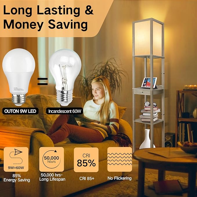 OUTON Deluxe Shelf Floor Lamp with 1 Drawer, 2 USB-C Ports, 2 AC Outlets, LED Modern Floor Lamp with 3 Color Temperature, Storage Display Wood Standing Lamp for Living Room, Bedroom, Office (Grey)