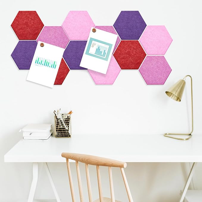 16 Pcs Hexagon Cork Board for Walls with 50 Wooden Push Pins 6.7 x 5.9 in Felt DIY Tiles Notice with Nano Tape Hanging Bulletin Board for Home Photo Office Memo Note (Gradual Purple)