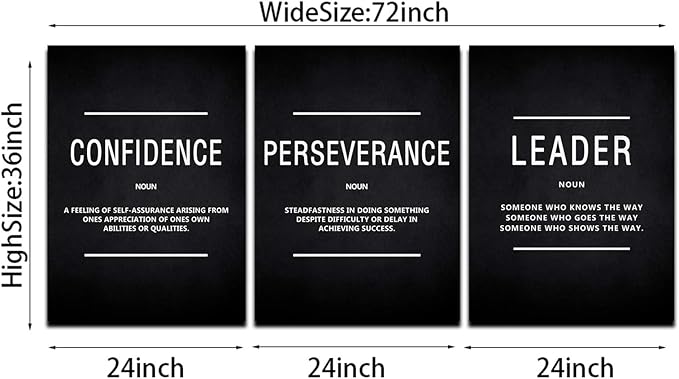KAWAHONE Canvas Painting Wall Art Large, Motivational Leader Confidence Perseverance Success Quotes Wall Decor Inspirational Posters Prints Framed for Office Easy Hang 24''x36''x 3PCS