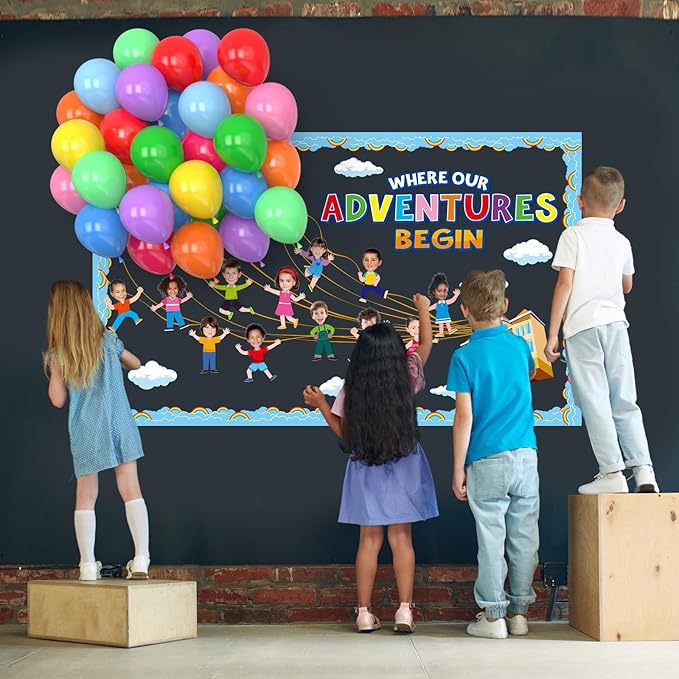 3D Colorful Balloon Bulletin Board Set Adventure Balloon Cloud Classroom Decoration DIY Photo Cutouts Borders Motivational Where Our Adventure Begins Bulletin Board Classroom Wall Party Supplies Decor