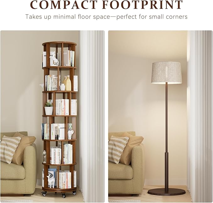 Rotating Bookshelf Towers Solid Wood Revolving Bookcase 6 Tier Tall Spinning Book Rack on Wheels Vertical Corner Book Organizer for Small Apartments, Bedrooms, Living Rooms, Reading Nooks, Hallways