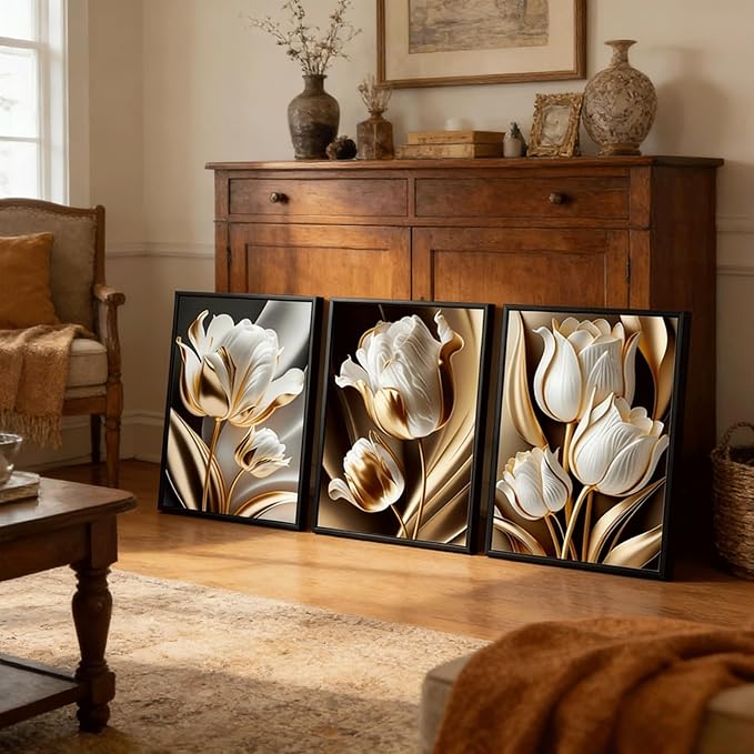 3Pcs Abstract White Gold Floral Wall Art Modern Luxury Minimalism Painting Pictures Wall Decor tulip Plants Posters Prints Artwork for Living Room Bedroom Office Home Decoration 16 x 24in unframed