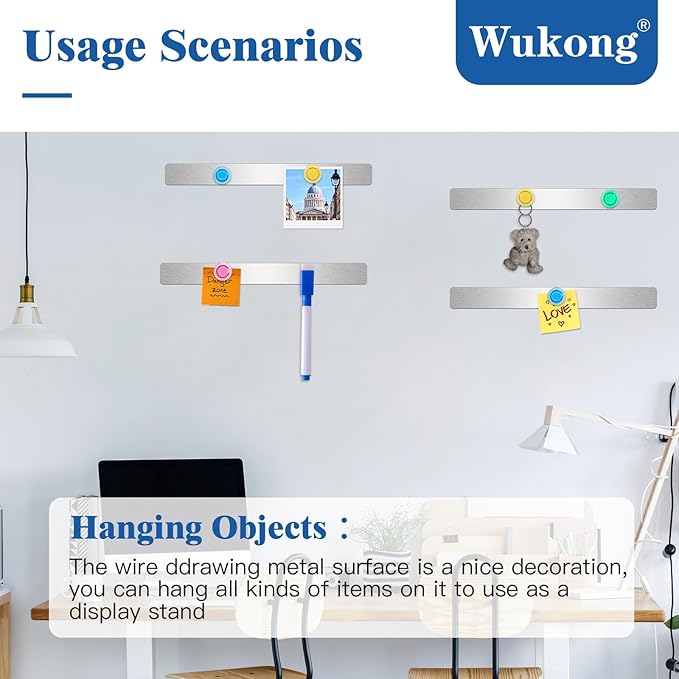 Wukong 4 Pack | 30x3cm(11.81 x 1.18) Magnetic Stainless Silver Boards Strips, Adhesive Backing Bulletin Bar Board, Memo Board with 16Pcs Colorful Magnets for Office, Home, Photo Wall, Document