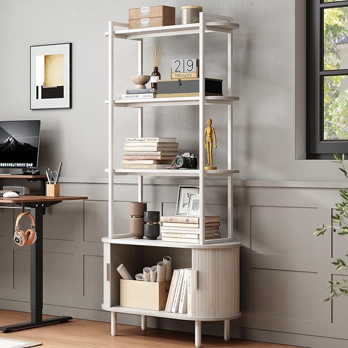 ONBRILL 71" Tall Bookshelf, 4-Tier Book Shelf with Storage Cabinet, Modern Bookcase with Sliding Door and Adjustable Footpad, Freestanding Storage Organizer Bookshelf for Living Room, Natural White