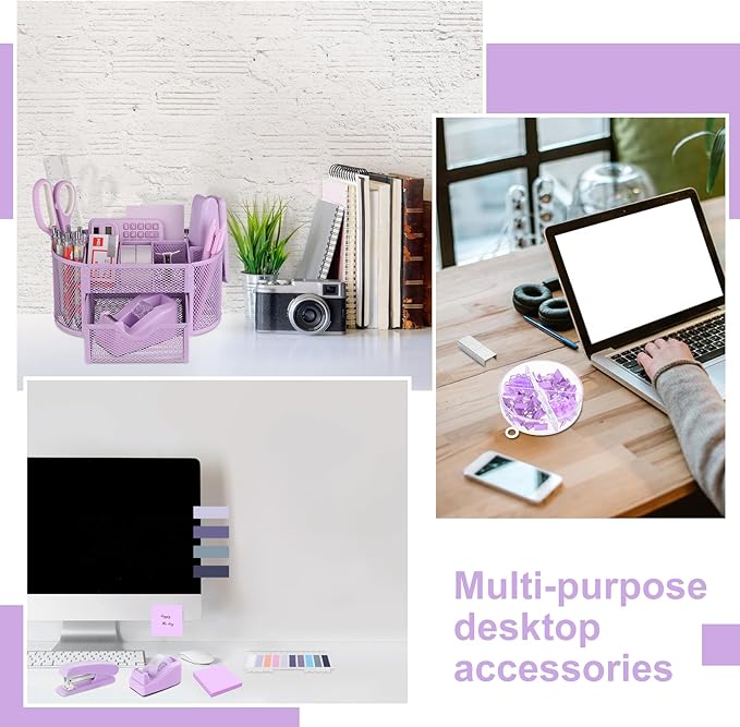 VAIPI 17 Pcs Purple Office Supplies Set Desk Organizers and Accessories with Mouse Pad, Calculator, Stapler, Staples, Scissors, Pens, Sticky Notes, Page Markers for Office School Home