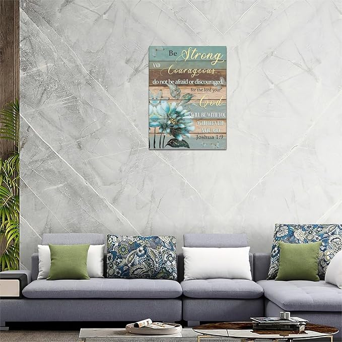 yerretin Christian Wall Art Bible Verse Floral Pictures Wall Decor Religious Scripture Teal Flower Canvas Painting Home Decoration Artwork for Bathroom Bedroom Living Room Office Framed 12"x16"