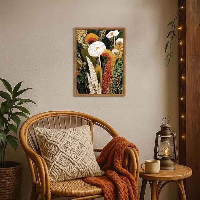Framed Vintage Floral Canvas Wall Art, Abstract Flower Pictures Wall Decor, Boho Wildflower Botanical Paintings Prints Mid Century Modern Home Decor Aesthetic for Living Room Bedroom 16x24 inch