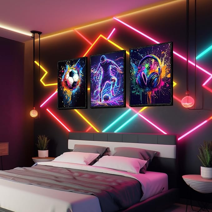 3PCS Boys Neon Splash Soccer Wall Art Colorful Headphone and Soccer wall decor pictures Vibrant Abstract Sports Canvas Posters Prints for Bedroom Game Room Wall Decoration Unframed (12inx16in posters)