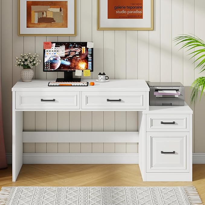 Vabches 61" Farmhouse Computer Desk with Storage and File Drawer, Executive Desks with Printer Stand, Rustic Large Home Writing Desk for Home Office.White