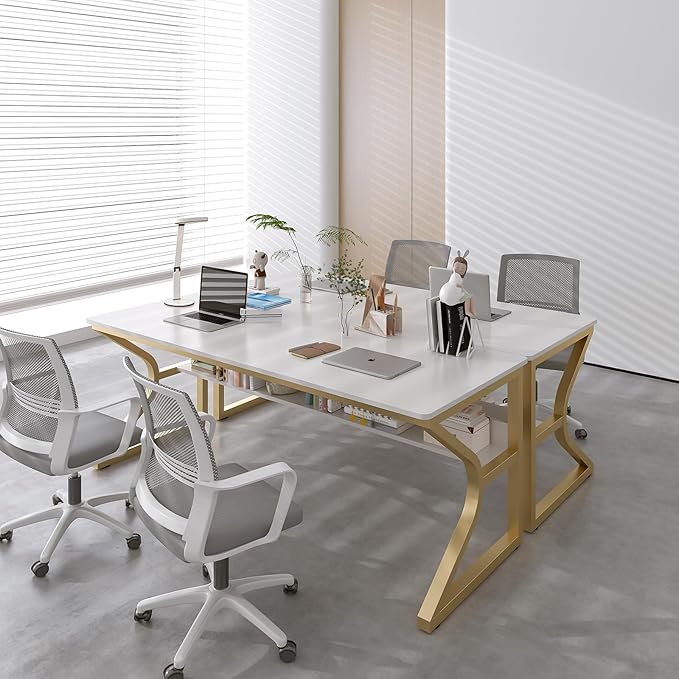 Extra Long Desk with Bookshelf - 63" Double Long Writing Table for 2-Person Workstation, Modern Study Work Computer Desk for Home and Office, Gold
