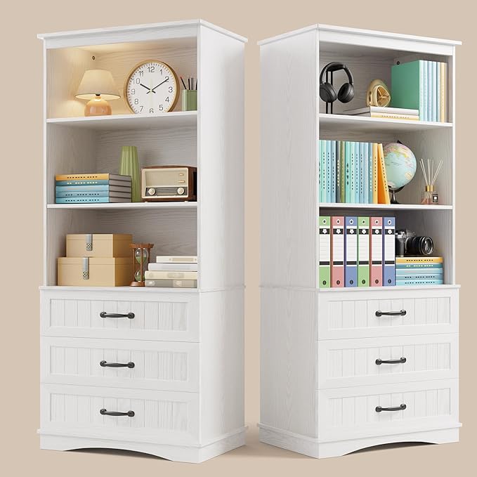 Gizoon 70'' Tall Bookcase with 3 Drawers Wooden Bookshelf with Storage Cabinet Multifunctional Book Storage Organizer for Office Living Room and Bedroom,White