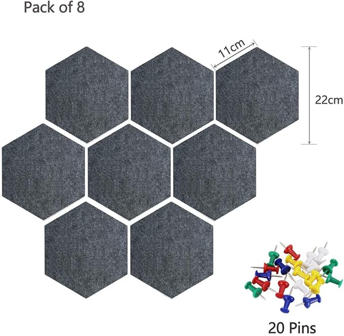 Felt Hexagon Bulletin Board with 20 Push Pins, Pack of 8 Notice Boards for Home Office Kitchen, Push Pin Board Felt Wall Tiles for Photos Memos