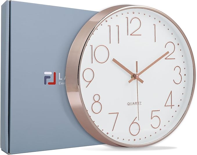Lafocuse Silent 12 Inch 3D Numbers Rose Gold Wall Clock for Living Room Decor, Battery Operated Rose Gold Clock Analog for Kitchen Bedroom Office