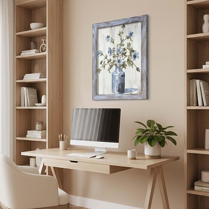 Floral Wall Art Painting - Blue and White Flower Canvas Picture for Bathroom and Bedroom Decor 24"x18"
