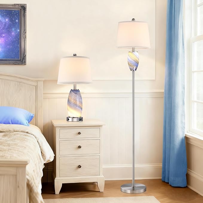Modern Floor Lamp with Nightlight for Living Room, Bedroom, Stained Glass Blue Lamp for Living Room Decor, Mid Century 65" Tall Standing Corner Lamp(Bulb Included)